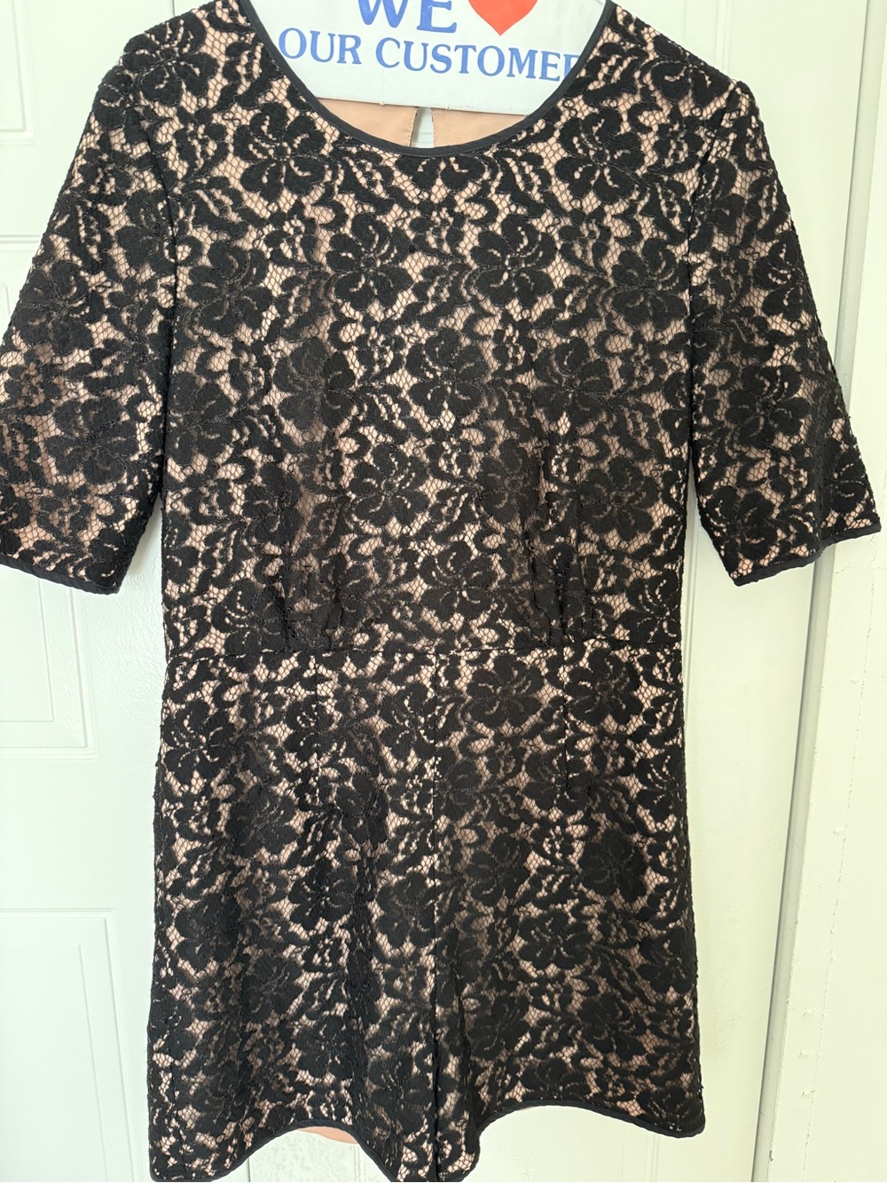 BCBGMaxAzria Black Lace Romper with Nude Underlay